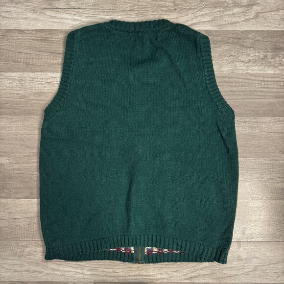 Vintage 90s Cottagecore SweaterVest Red House Scene Forest Green Medium Novelty - Picture 4 of 5